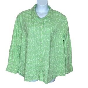 Candace Cameron Bure Womens Eyelet Floral Button Up Blouse 2X Green Cottagecore